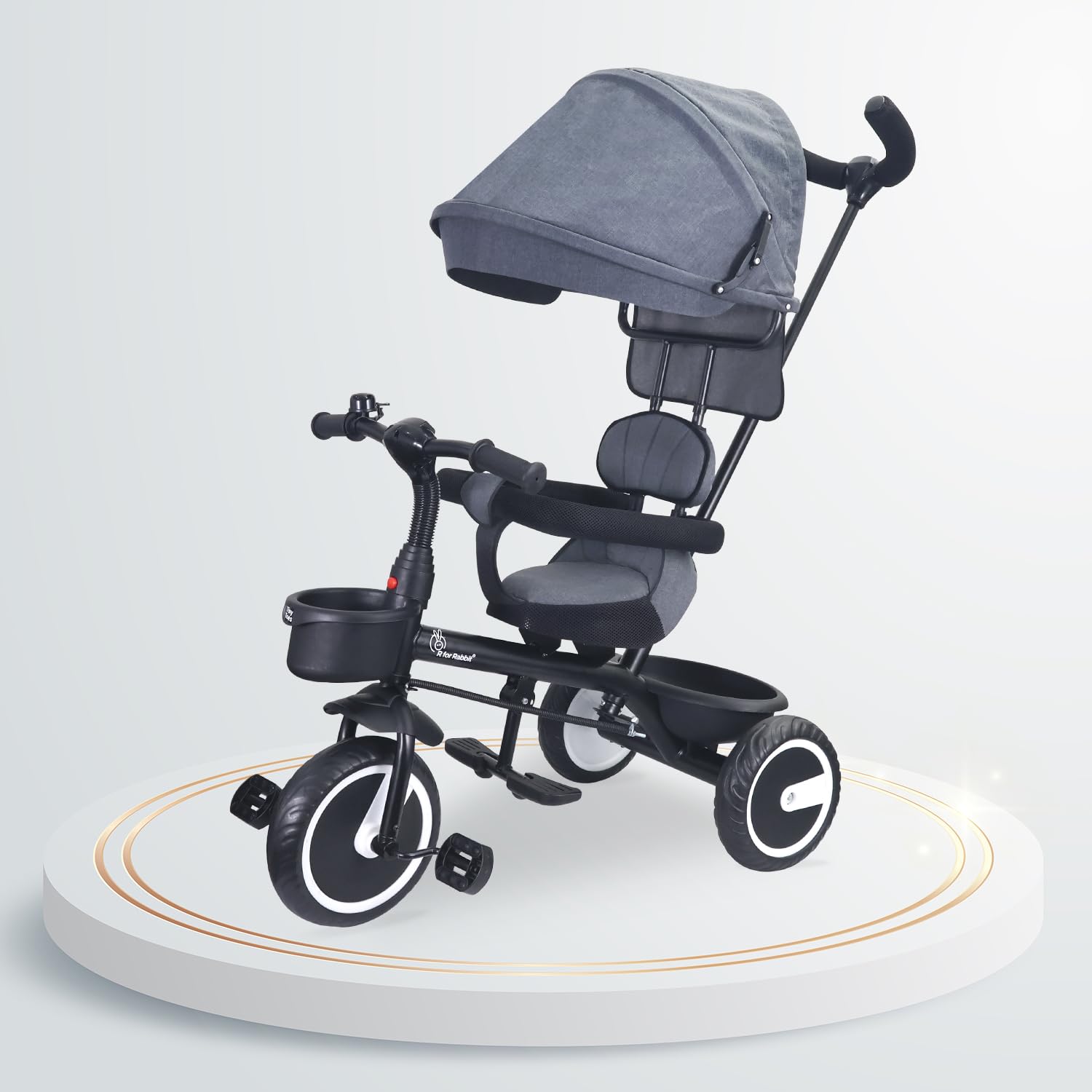 Usmile Toys Rabbit Tiny Toes T30 Ace tricycle in navy blue, featuring a removable canopy and a durable frame for growing toddlers. www.usmile.toys